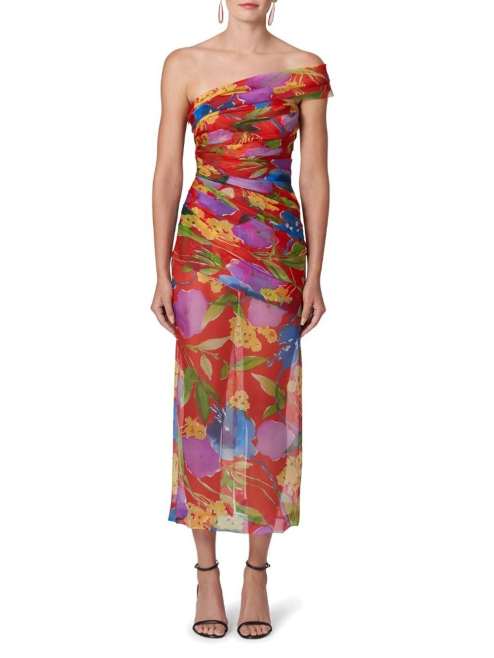 Carolina Herrera Womens Floral Print Ruched One Shoulder Silk Midi Dress Size 10
